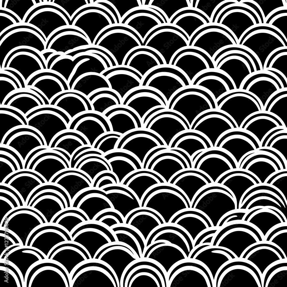 Black and White Overlapping Scales Pattern Graphic Background Retro Design Geometric Texture Art. Black and White Overlapping Scales Pattern Graphic Background Retro Design Geometric Texture Art.