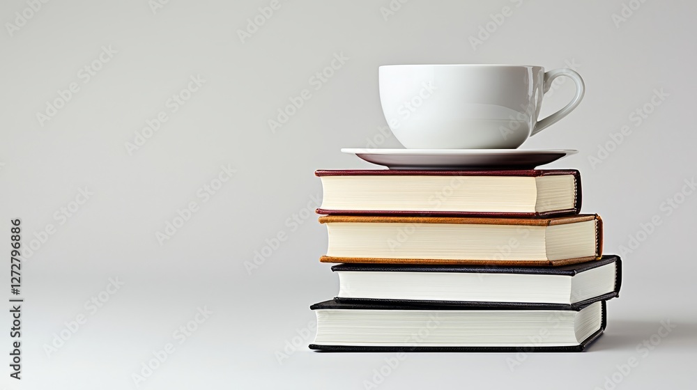 Stack of books with a white cup and saucer on top, minimalist background setting Stack of books with a white cup and saucer on top, minimalist background setting