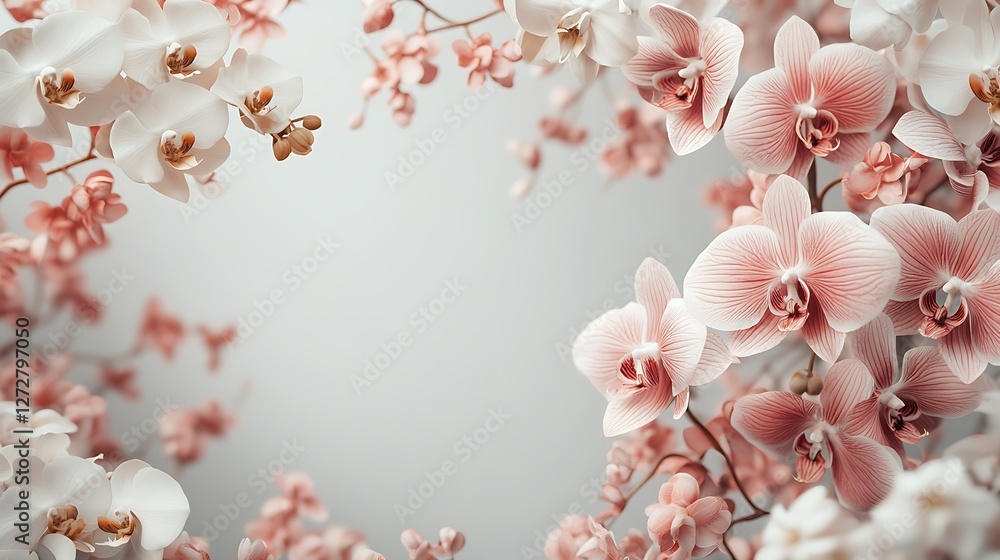 Obraz premium Elegant orchids in shades of white and pink paired with delicate lilies, arranged as a refined border along the top and bottom edges, blank white space in the center for text, soft natural lighting,