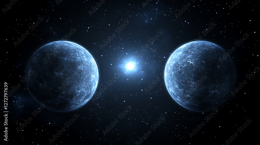 Fototapeta premium Celestial Twin Planets in a Cosmic Dance Around a Distant Star System Outer Space Exploration.