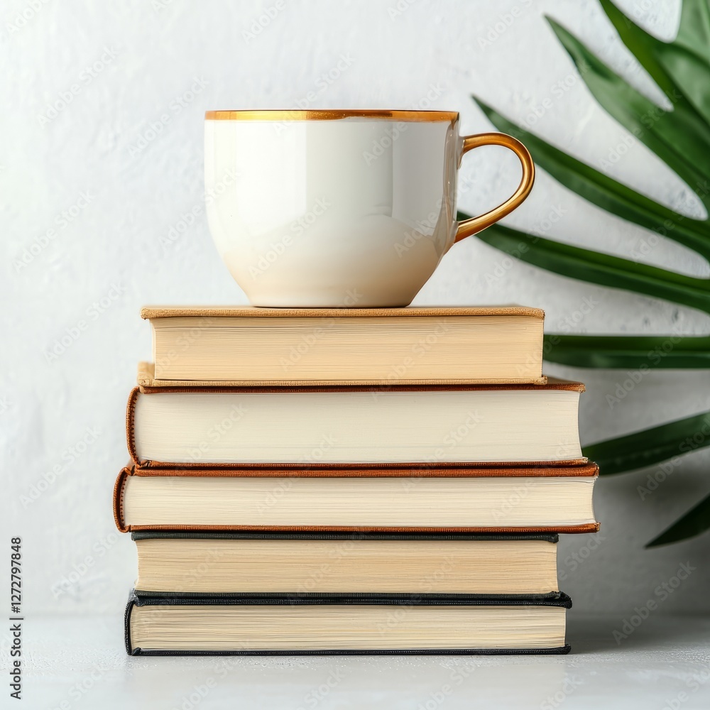 Stacked books with a stylish cup on top, surrounded by green plant leaves Stacked books with a stylish cup on top, surrounded by green plant leaves
