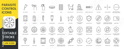 A set of parasite control icons in vector representing different treatments medications and preventive solutions for pet health with an editable stroke