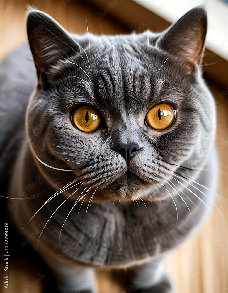 British Shorthair Cat Eagle View Close-Up with Detailed Fur Texture