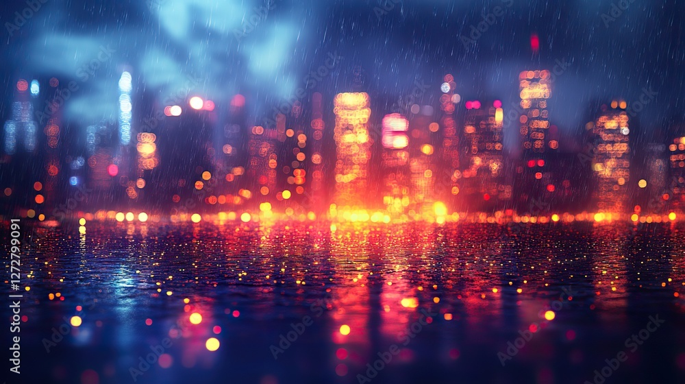 Obraz premium abstract night cityscape with blurred bokeh lights creating a vibrant,colorful urban atmosphere perfect for modern designs,digital backdrops