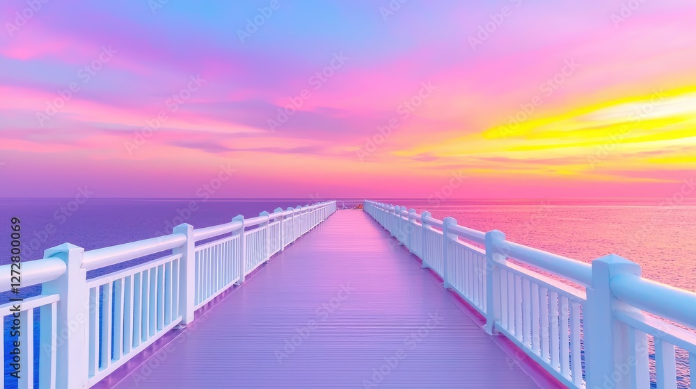 Fototapeta premium Long white pier extending into a calm ocean under a vibrant pastel pink and purple sunset sky.
