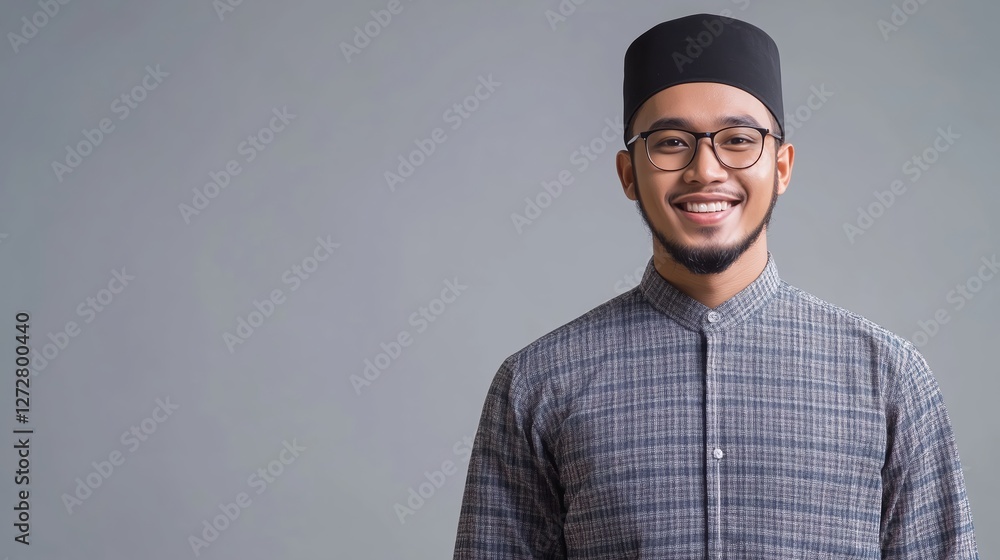 Obraz premium Confident Young Malay Man Smiling in Traditional Modest Attire