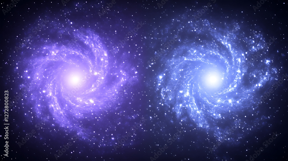 Obraz premium Cosmic Dance Interacting Spiral Galaxies Swirling in a Colorful Space Nebula Universe Display.