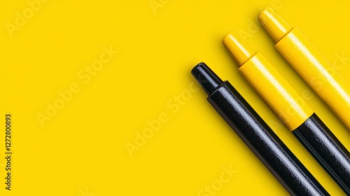 Three colorful markers arranged on a bright yellow background, ideal for creative projects
