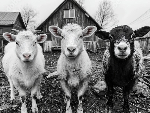 Three goats standing in a rural farmyard, with a wooden house in the background