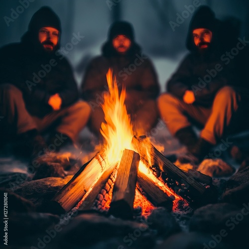Three individuals gathered around a crackling campfire in a snowy landscape at dusk