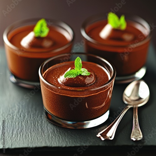 Three elegant chocolate mousse desserts garnished with mint leaves on slate
