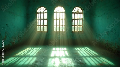 Dusty teal room bathed in sunlight streaming through barred windows Hopeful beams illuminate aged walls. AI Generated