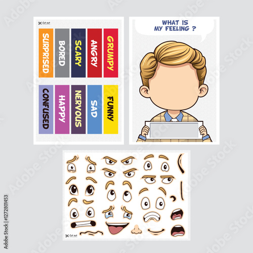 Educational game for kids with cartoon face expression cut and paste activity.
