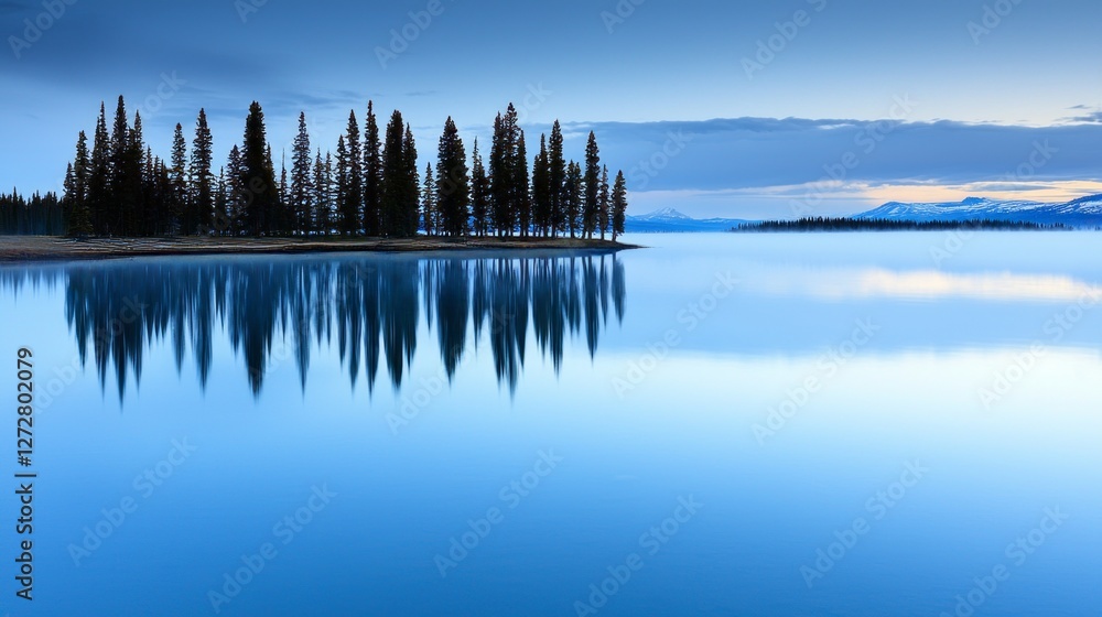 Obraz premium Tranquil lake at dawn reflecting pine trees and mountains under a blue sky