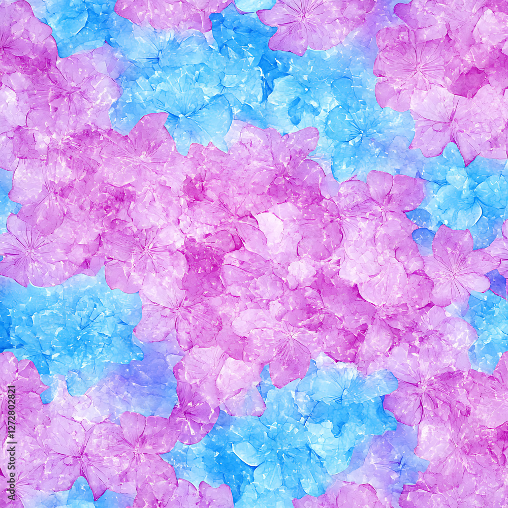 Fototapeta premium Delicate Bloom Hydrangea Pattern Aquarelle in Soft Blue and Purple Watercolor Texture Gentle Floral Design.