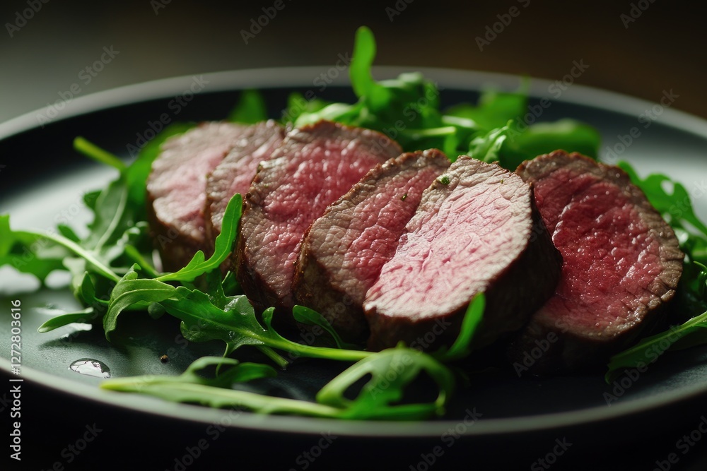 Sliced rare beef tenderloin, arugula, dark plate, kitchen setting, food photography Sliced rare beef tenderloin, arugula, dark plate, kitchen setting, food photography