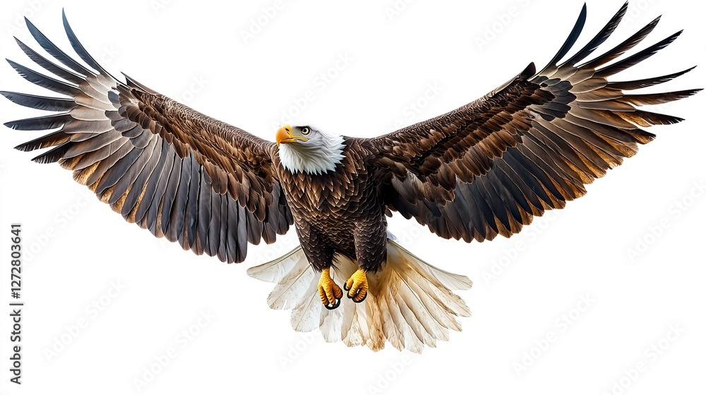 Obraz premium american bald eagle in majestic flight with wings spread wide isolated on a transparent background ideal for patriotic wildlife,nature themed projects,designs