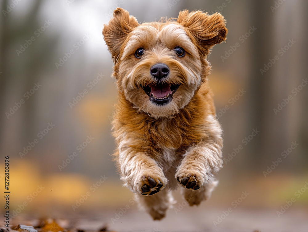 A little brown puppy is running down a forest path in autumn. Its ears are fluttering and its smile is adorable. A little brown puppy is running down a forest path in autumn. Its ears are fluttering and its smile is adorable.