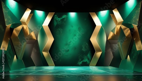 Green golden ceremony award stage venue background.