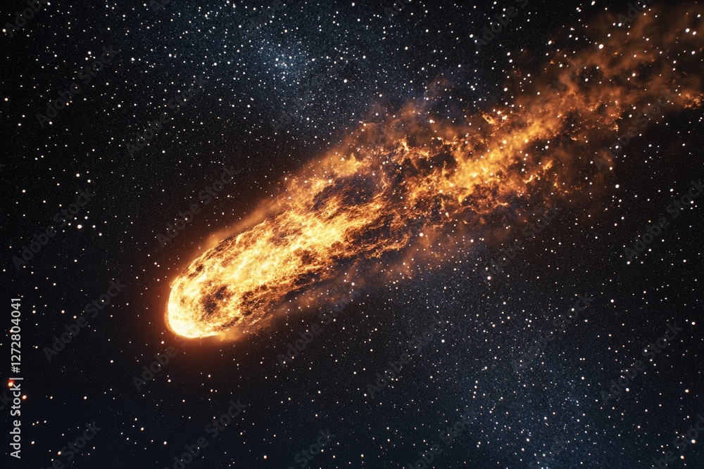 Obraz premium A fiery comet streaks across a star-studded cosmos, leaving a blazing trail of incandescent gas and dust.