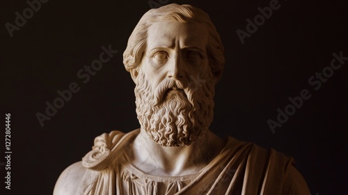 Marble Bust of Greek Philosopher in Dramatic Lighting and Aesthetic Setting photo