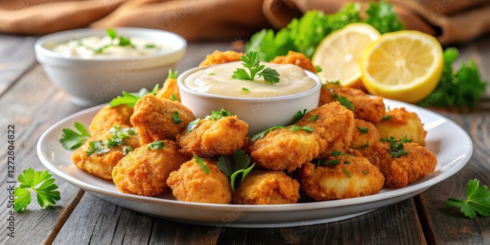 Crispy fried chicken nuggets piled high on a plate with a side of creamy garlic sauce, drizzled with fresh parsley and lemon wedges , plate, food Crispy fried chicken nuggets piled high on a plate with a side of creamy garlic sauce, drizzled with fresh parsley and lemon wedges , plate, food