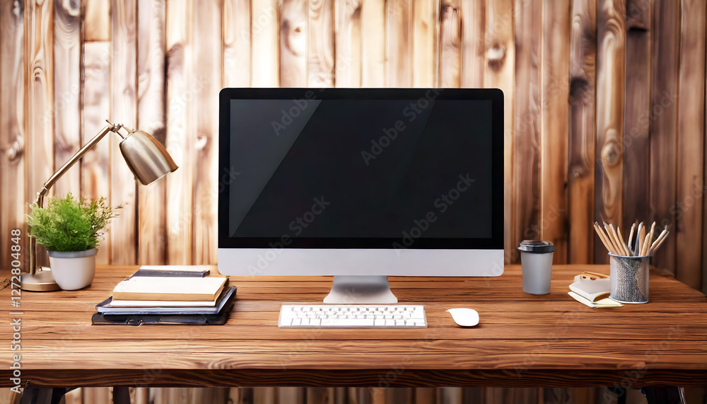 Modern Home Office Wooden Desk with Desktop PC Modern Home Office Wooden Desk with Desktop PC