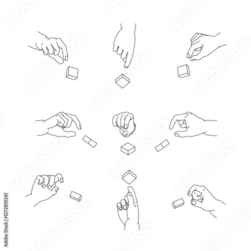 つまむ手のイラストのセット。白黒のベクターイラスト。
