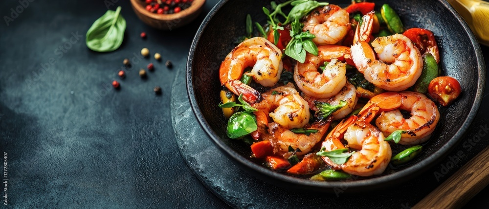 Grilled shrimp skillet, herbs, dark background Grilled shrimp skillet, herbs, dark background