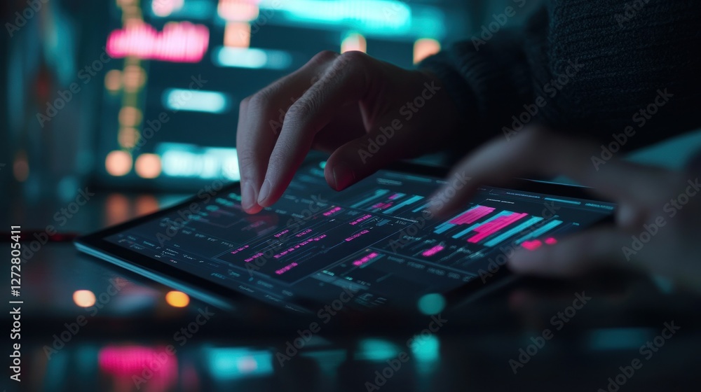 Person interacts with digital tablet, financial data display in background, night Person interacts with digital tablet, financial data display in background, night