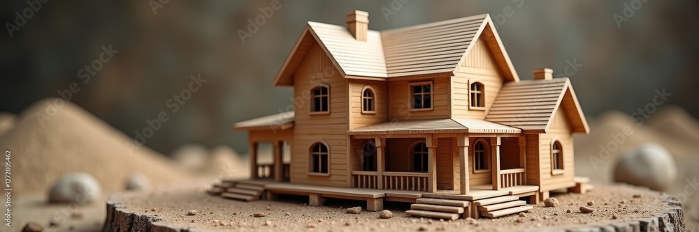 A detailed wooden model house, symbolizing construction and real estate opportunities, perfect for architecture, interior design, and home development projects. A detailed wooden model house, symbolizing construction and real estate opportunities, perfect for architecture, interior design, and home development projects.