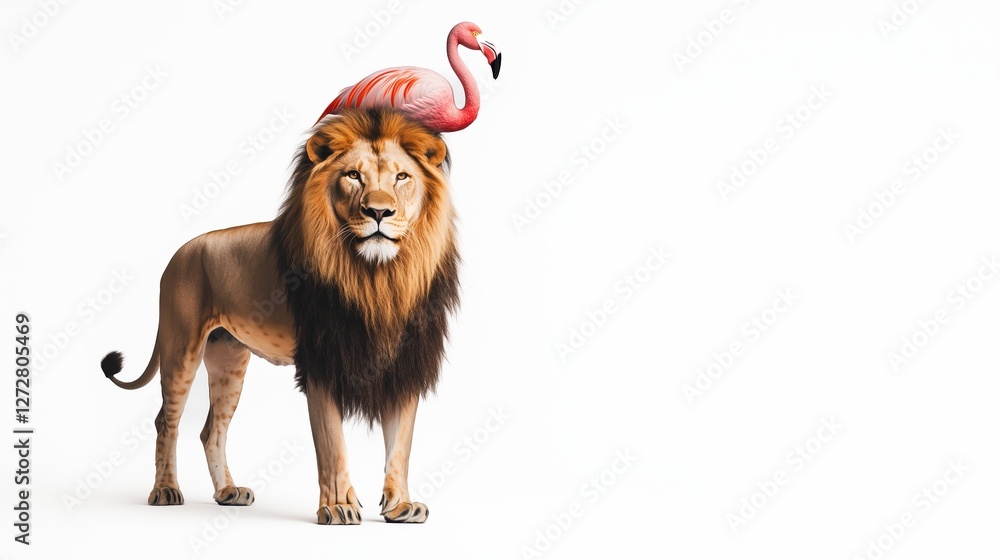 Obraz premium Creative Depiction of a Lion with a Flamingo on its Mane on a White Background