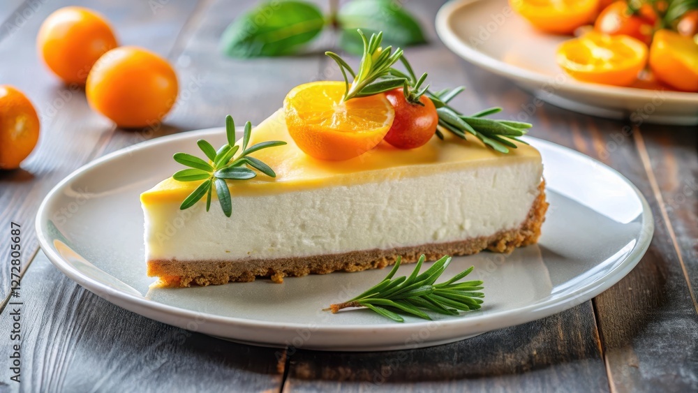 Delicate slice of cheesecake on a white plate, with a few slices of orange and kumquat arranged artfully around it, surrounded by fresh fruit and greenery, dessert, fine dining Delicate slice of cheesecake on a white plate, with a few slices of orange and kumquat arranged artfully around it, surrounded by fresh fruit and greenery, dessert, fine dining