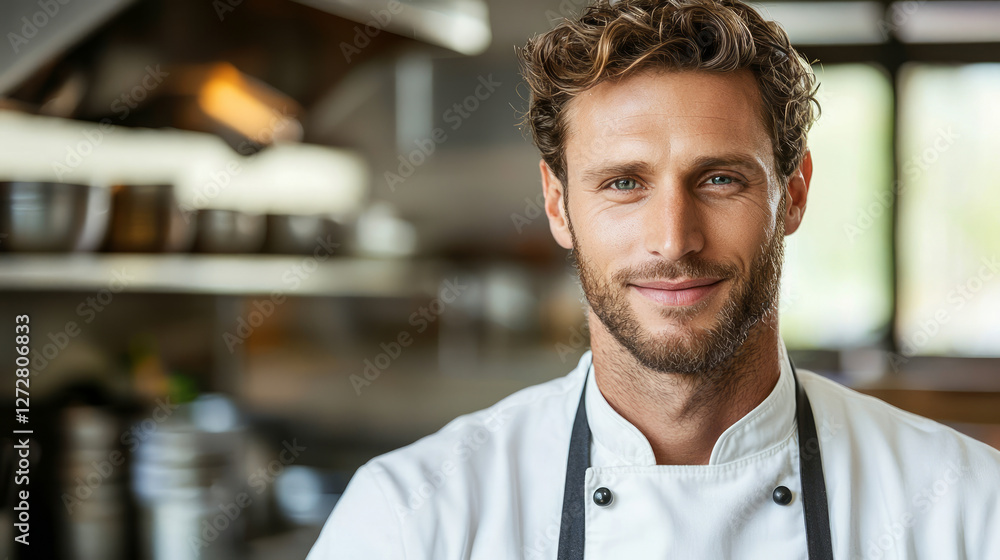 A handsome male chef with modern kitchen background, generative AI A handsome male chef with modern kitchen background, generative AI