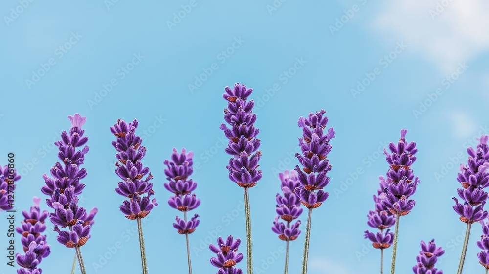 Obraz premium Vibrant lavender flowers against a clear blue sky, showcasing nature's beauty