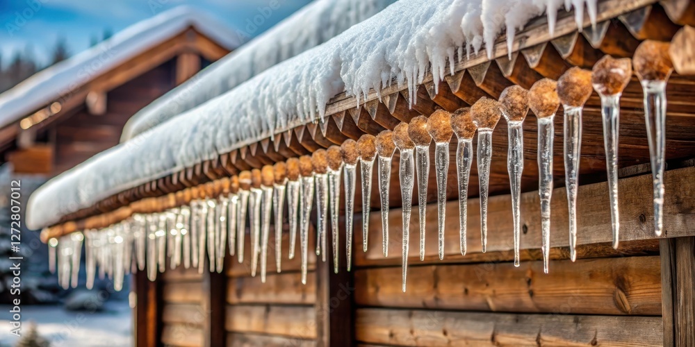 Icy hangings on a wooden roof in winter, snowy architecture Icy hangings on a wooden roof in winter, snowy architecture