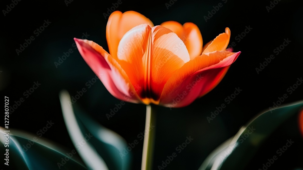 Vibrant orange and pink tulip in full bloom against a dark background, showcasing nature's beauty Vibrant orange and pink tulip in full bloom against a dark background, showcasing nature's beauty