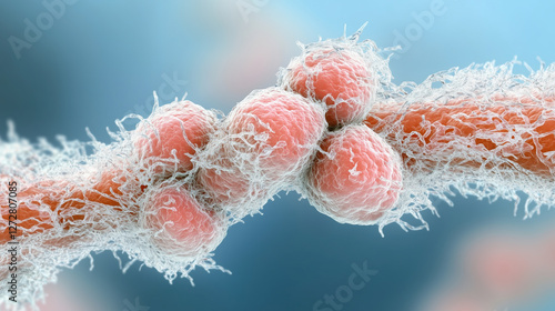 Stunning microscopic image capturing cell division with vibrant colors and intricate details, showcasing beauty of biological processes