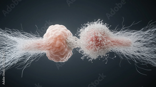 Stunning microscopic image capturing cell division, showcasing intricate details of cellular structures and processes. vibrant colors and textures evoke sense of wonder in microscopic world