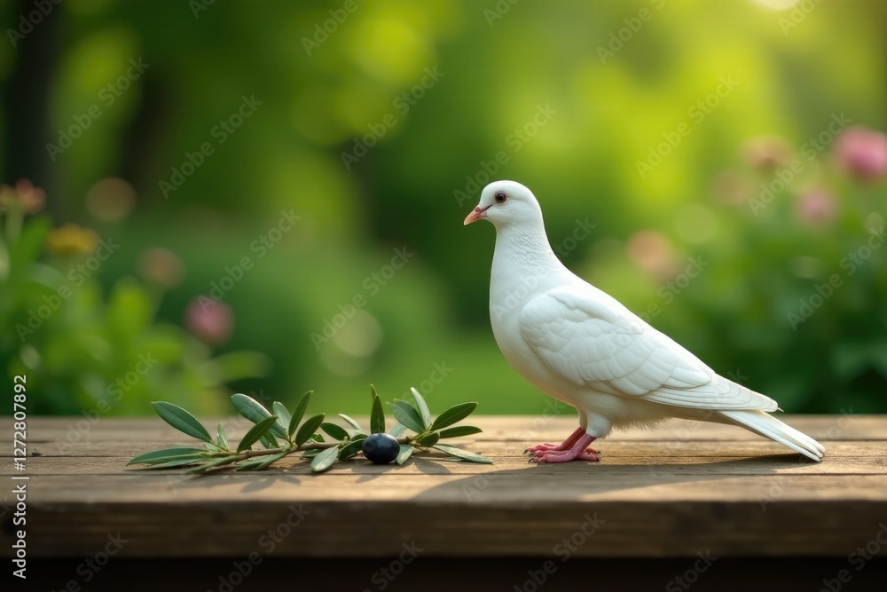 Fototapeta premium White dove and olive branch situated on a rustic wooden table amidst a lush garden, white dove, rustic table