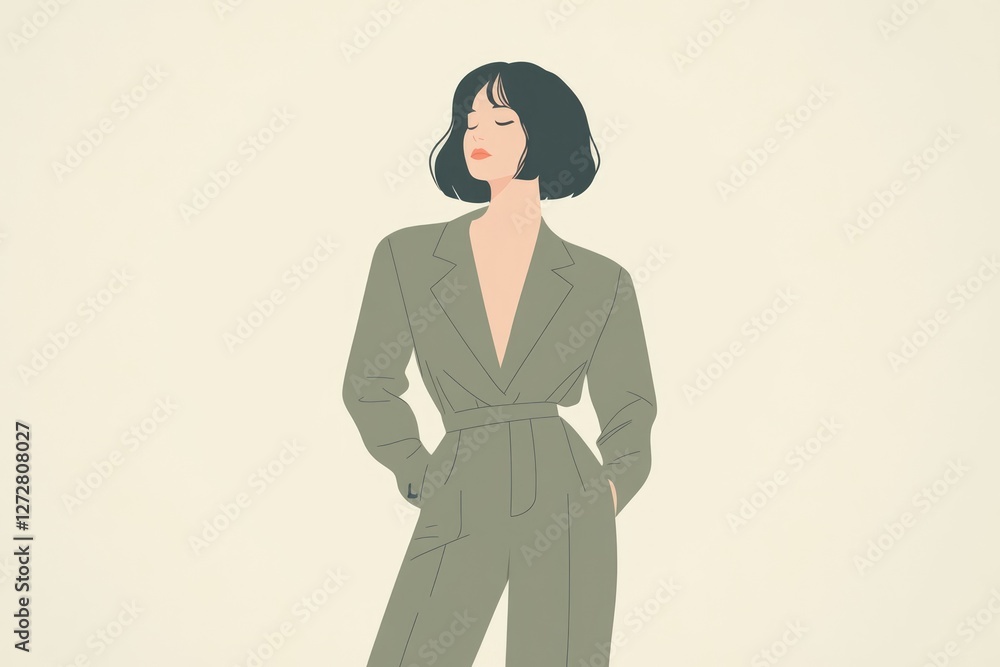 Stylish woman with bob haircut wearing a sage green jumpsuit, minimalist illustration. Stylish woman with bob haircut wearing a sage green jumpsuit, minimalist illustration.