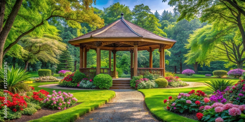 Fototapeta premium Serene Pavilion surrounded by lush greenery in a park with vibrant flowers and towering trees, creating a peaceful ambiance , serene pavilion, scenic views