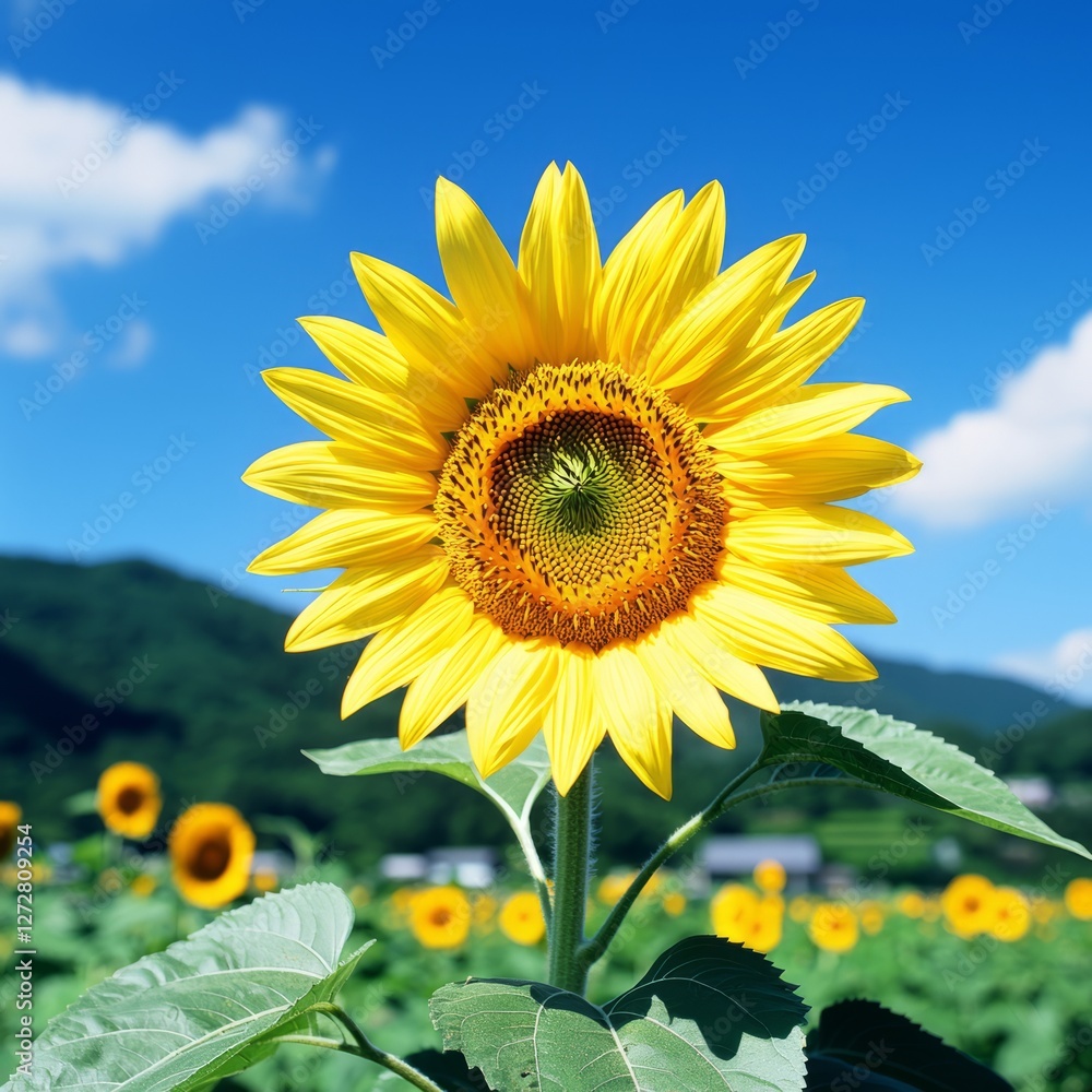Vibrant sunflower stands tall against a clear blue sky in a lush field Vibrant sunflower stands tall against a clear blue sky in a lush field