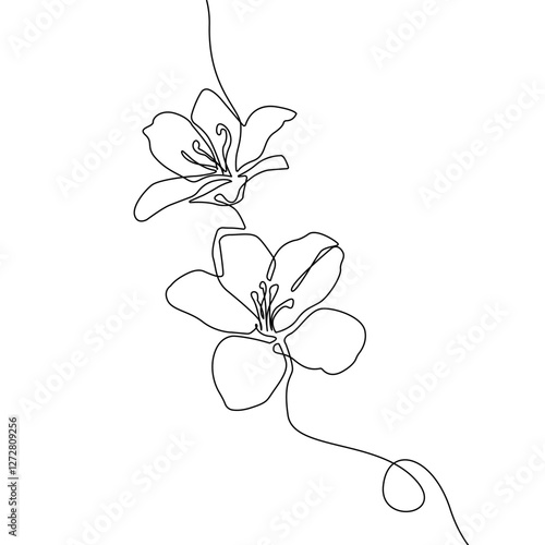 Flowers Continuous One Line Vector Drawing. Flower Black Sketch Isolated on White Background. Blooming Design. Abstract Linear Flower Silhouette for Minimalist Drawing.