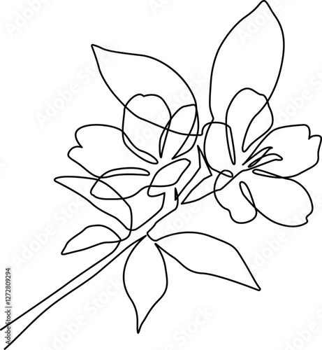 Continuous Line Drawing Of Plant Black Sketch of Flowers Branch Isolated on White Background. Flower with Leaves One Line Illustration. Minimalist Botanical Drawing. Vector