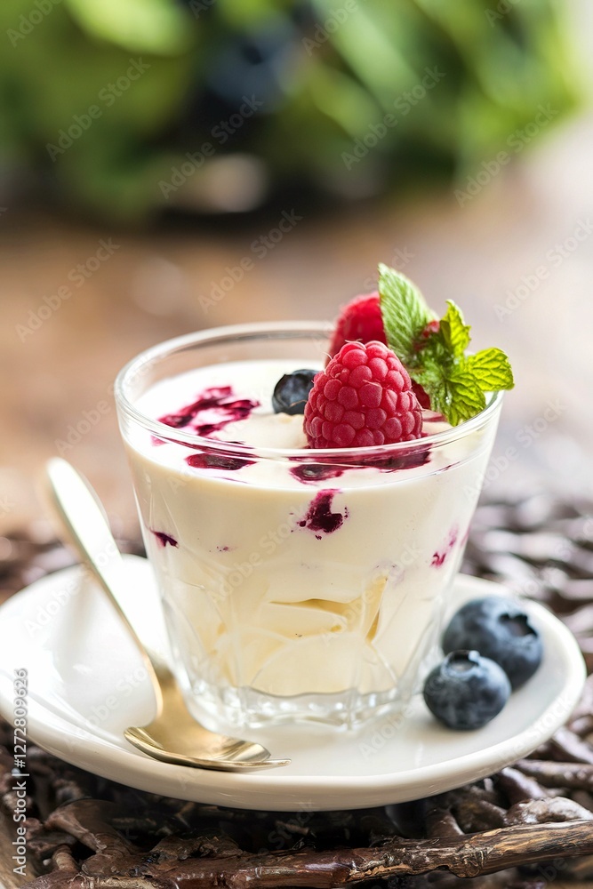 Cream dessert with raspberry and blueberry in a glass Cream dessert with raspberry and blueberry in a glass