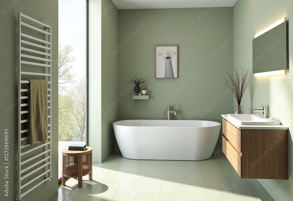 Fototapeta premium Elegant Bathroom Materials Moodboard: Featuring a Green Camaieu, Rust Slate, Carrelage Tiles, and Light Wood Petal-Shaped Flooring for a Natural and Designer Bathroom Look