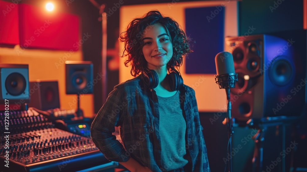Fototapeta premium Confident Music Producer in a Recording Studio Surrounded by High-Tech Audio Equipment