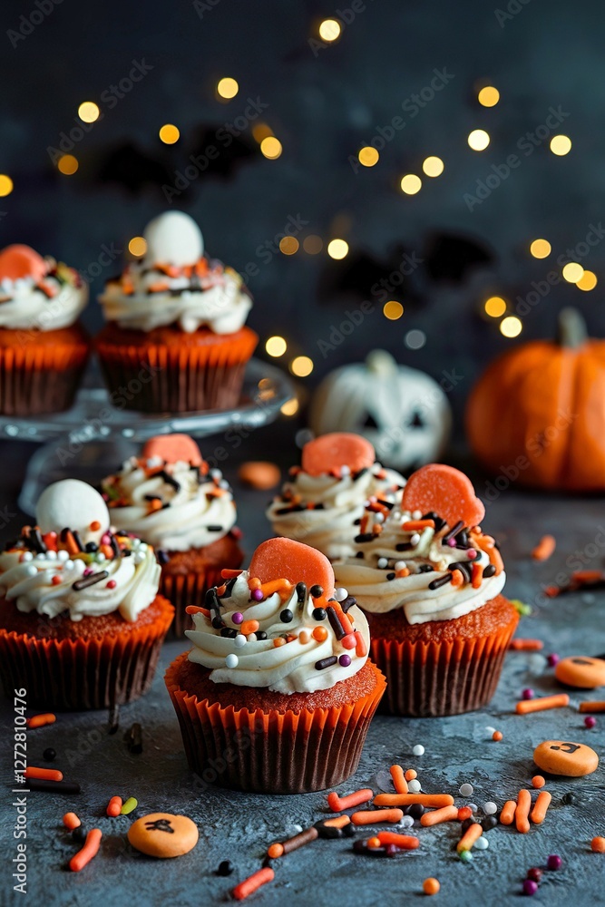 Festive Halloween cupcakes and treats decorated with sprinkles and candy, copy space Festive Halloween cupcakes and treats decorated with sprinkles and candy, copy space