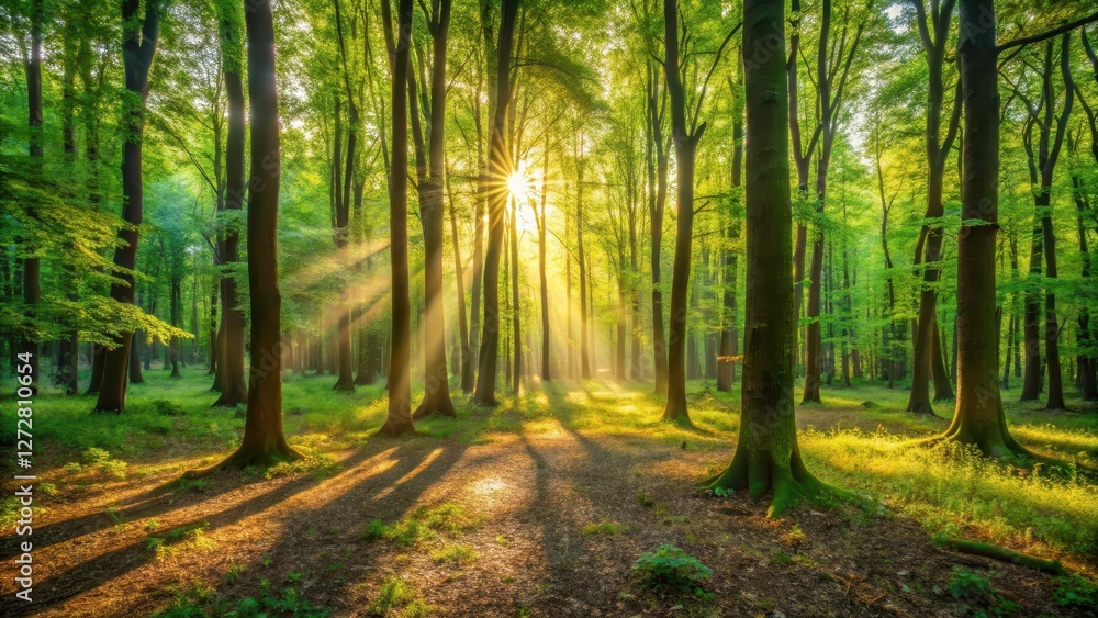 Fototapeta premium Warm sunlight filtering through trees in a dense green forest